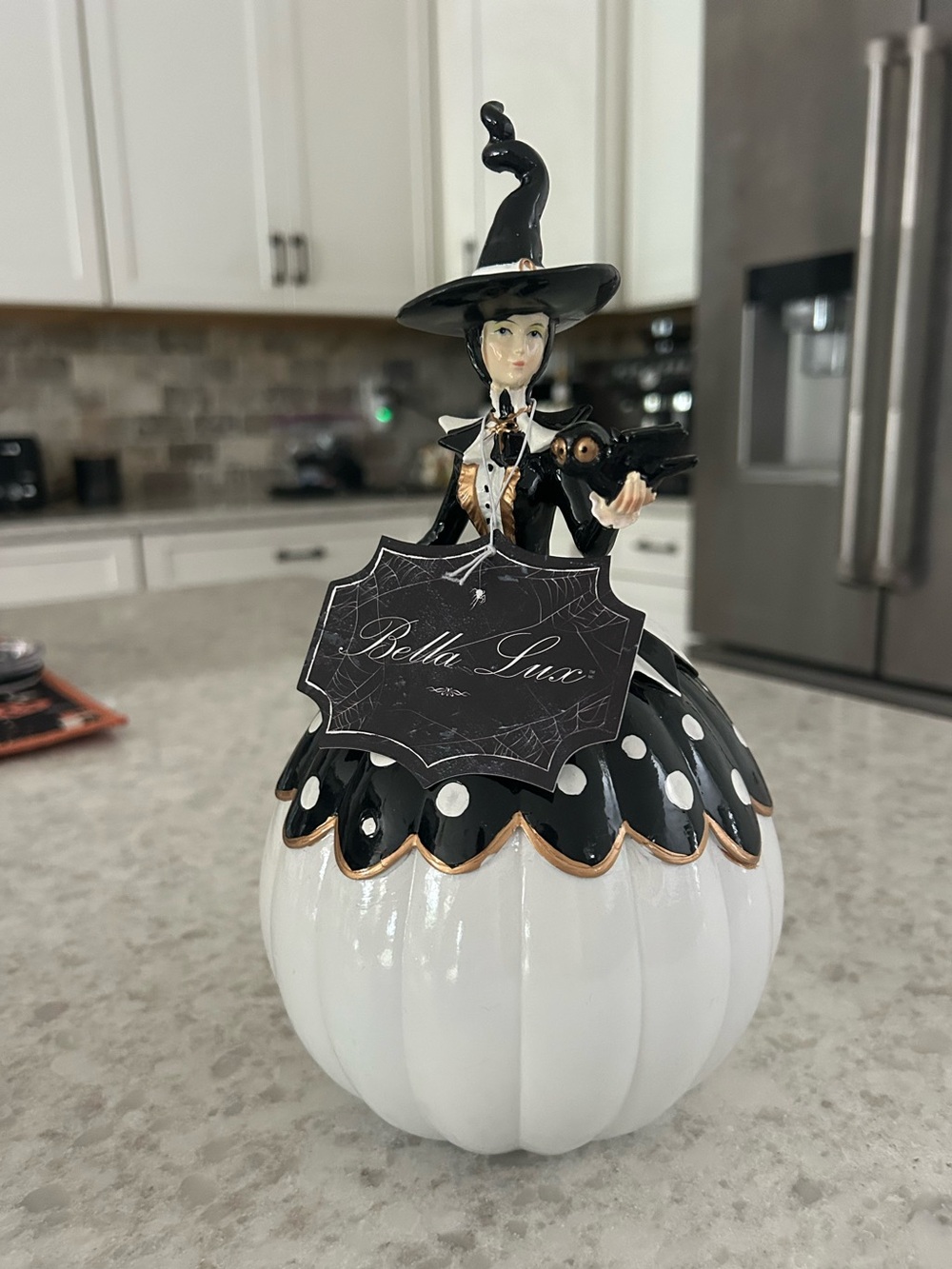 “New” Bella Lux Black, White & Gold Witch Pumpkin Decor Figurine